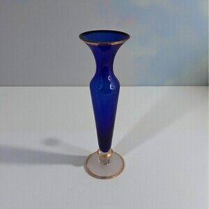Vintage Cobalt Blue Art Glass Bud Vase 10” Gold Gilt Rim Foot European